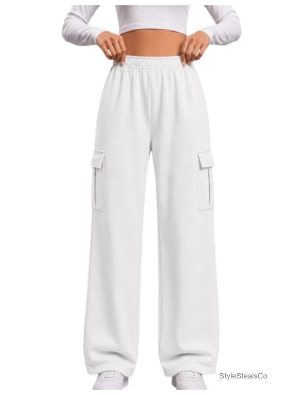 Wide Leg Sweatpants Women Fleece Cargo Pants 4 Pockets High Waist Drawstring